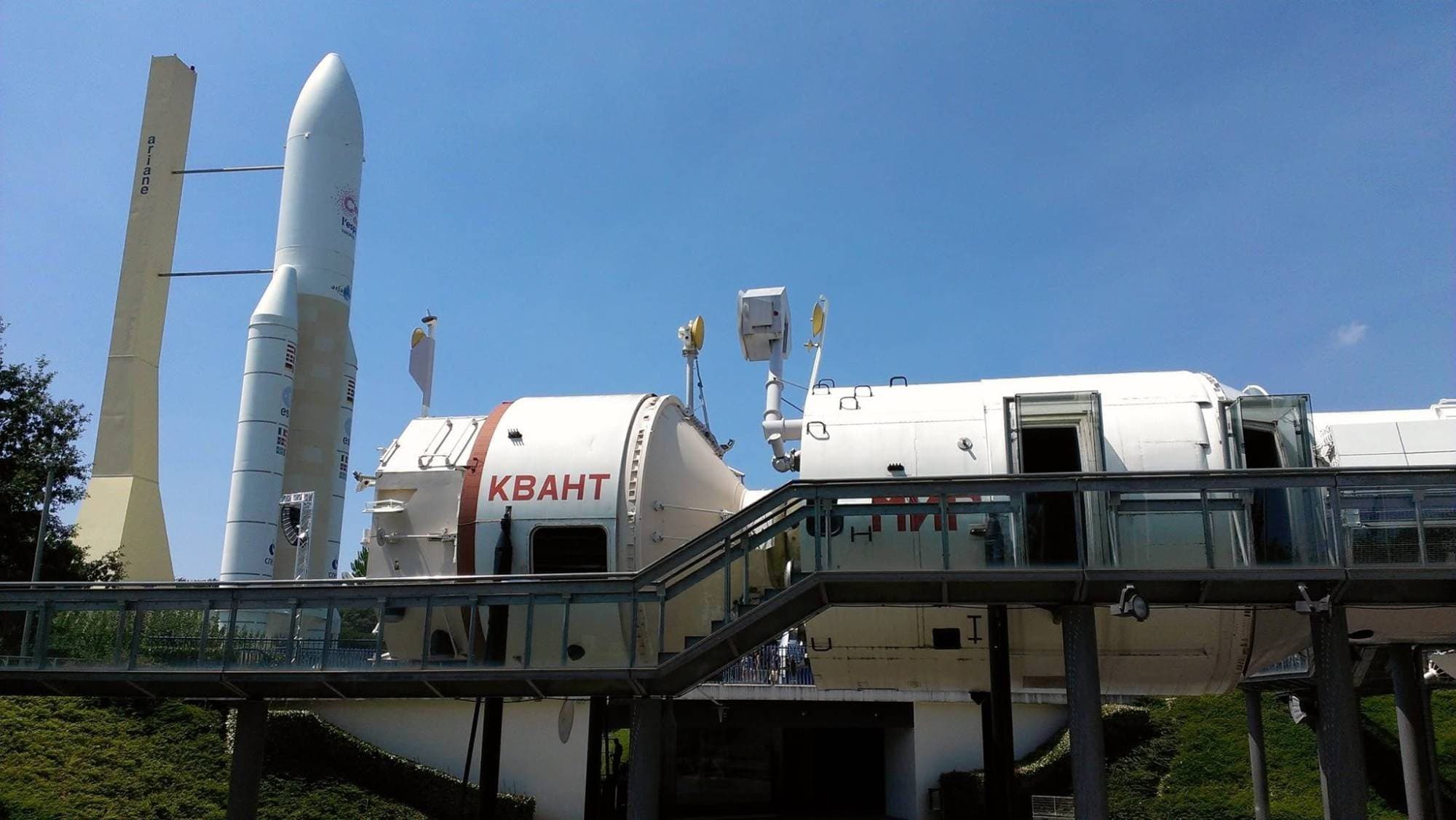 The Mir space station's Kvant module exhibit with an Ariane 5 replica behind it