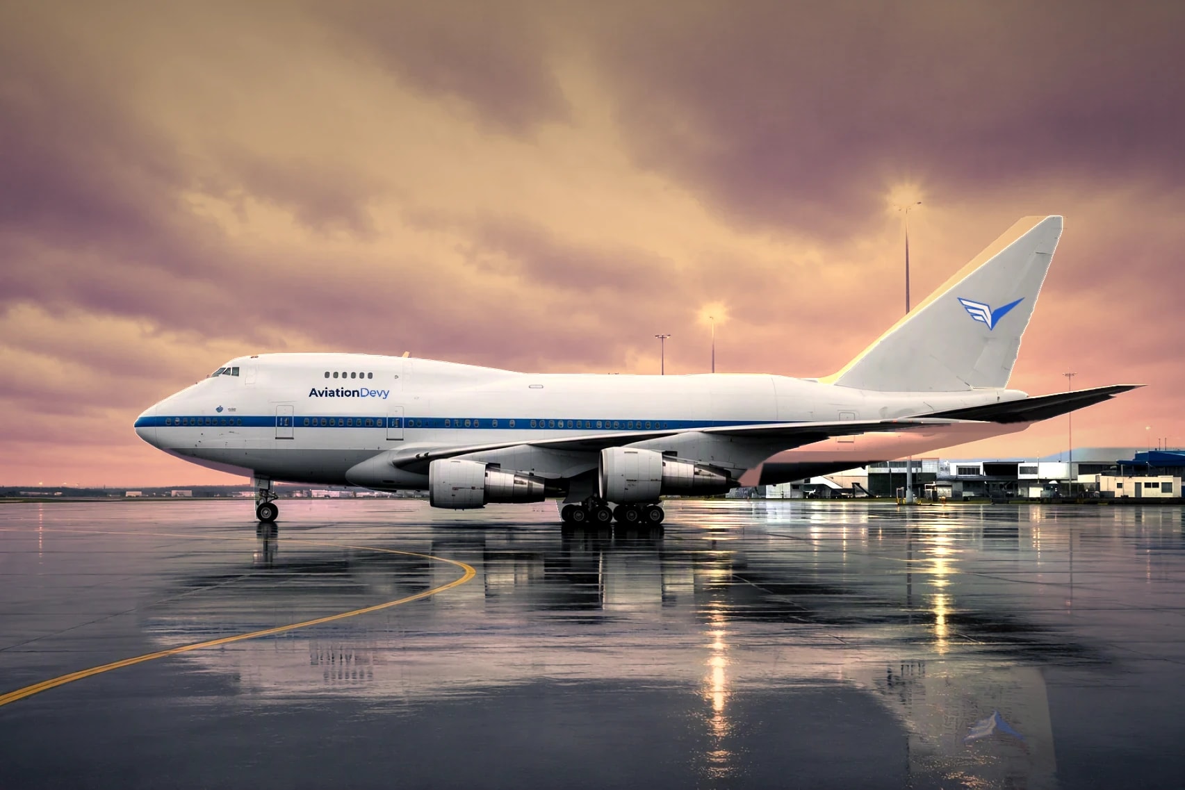 An AviationDevy 747SP on a rain-wet ramp under a glowing sunset sky, the light reflected in the wet concrete