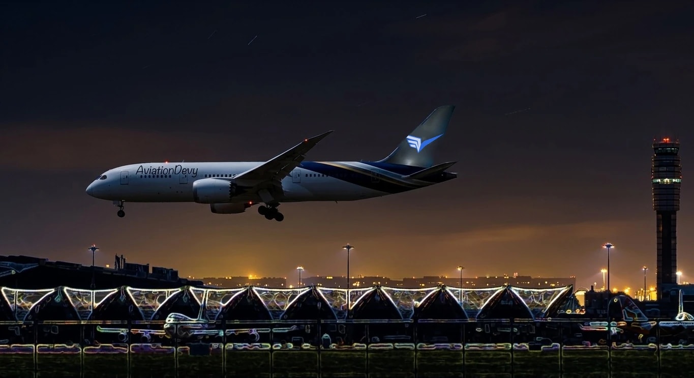 An AviationDevy 787 on final approach at night over a lit terminal, the control tower on the right