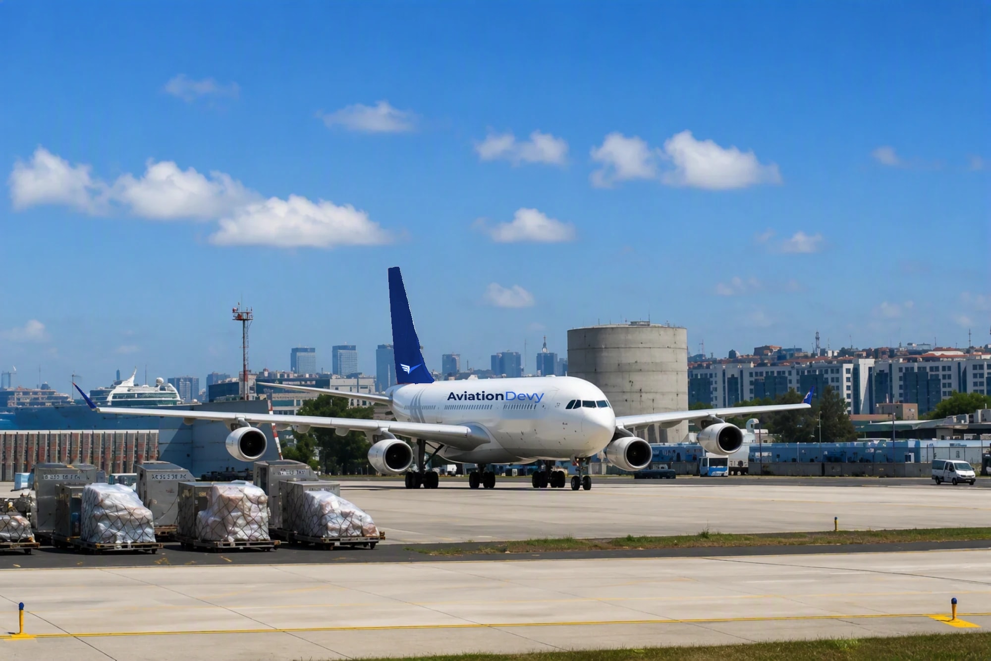 A four-engine A340 in AviationDevy livery taxiing on the apron past cargo pallets, the city skyline behind it