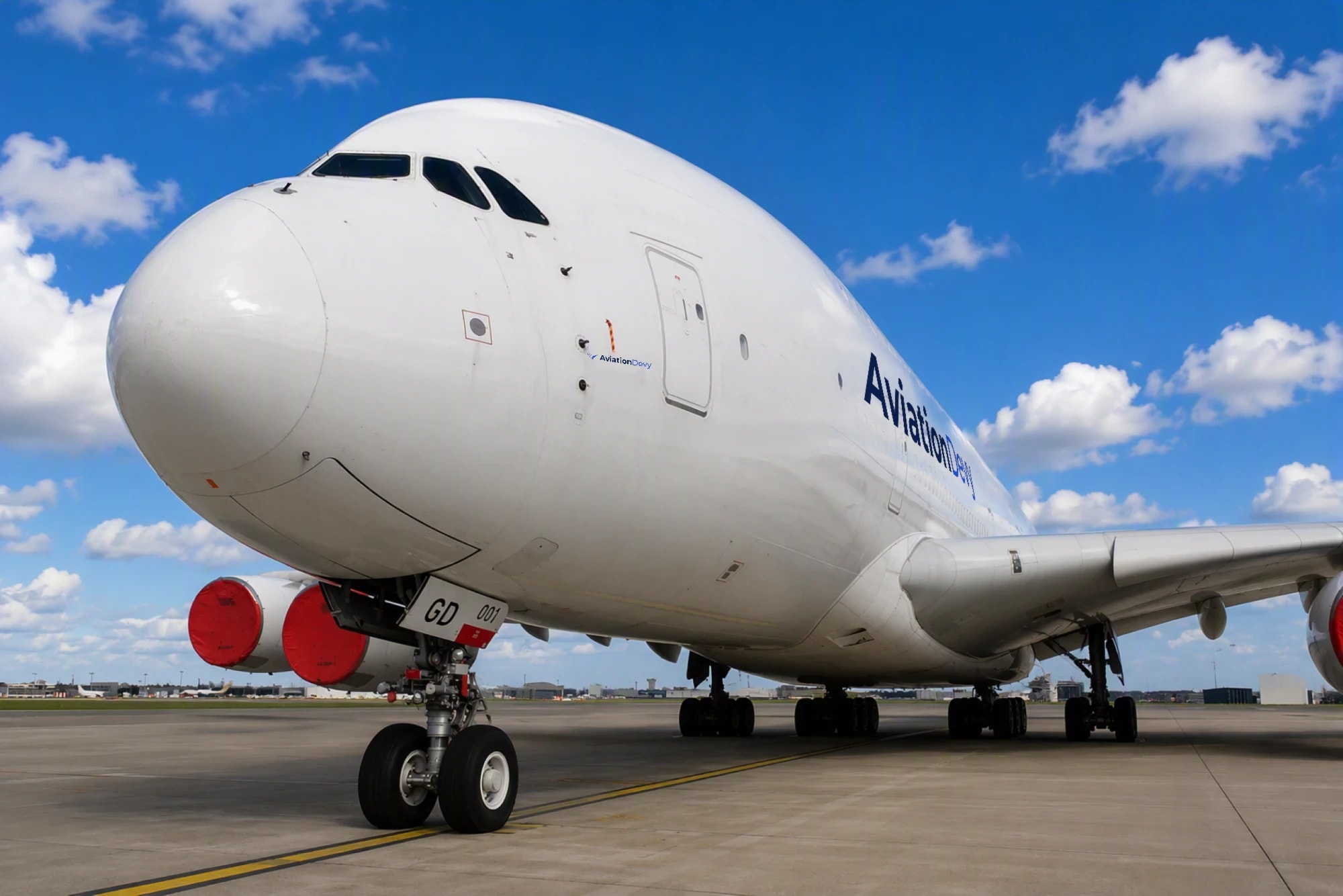 The nose and nose gear of an A380 in AviationDevy titles on the ramp under a blue sky, engine covers fitted