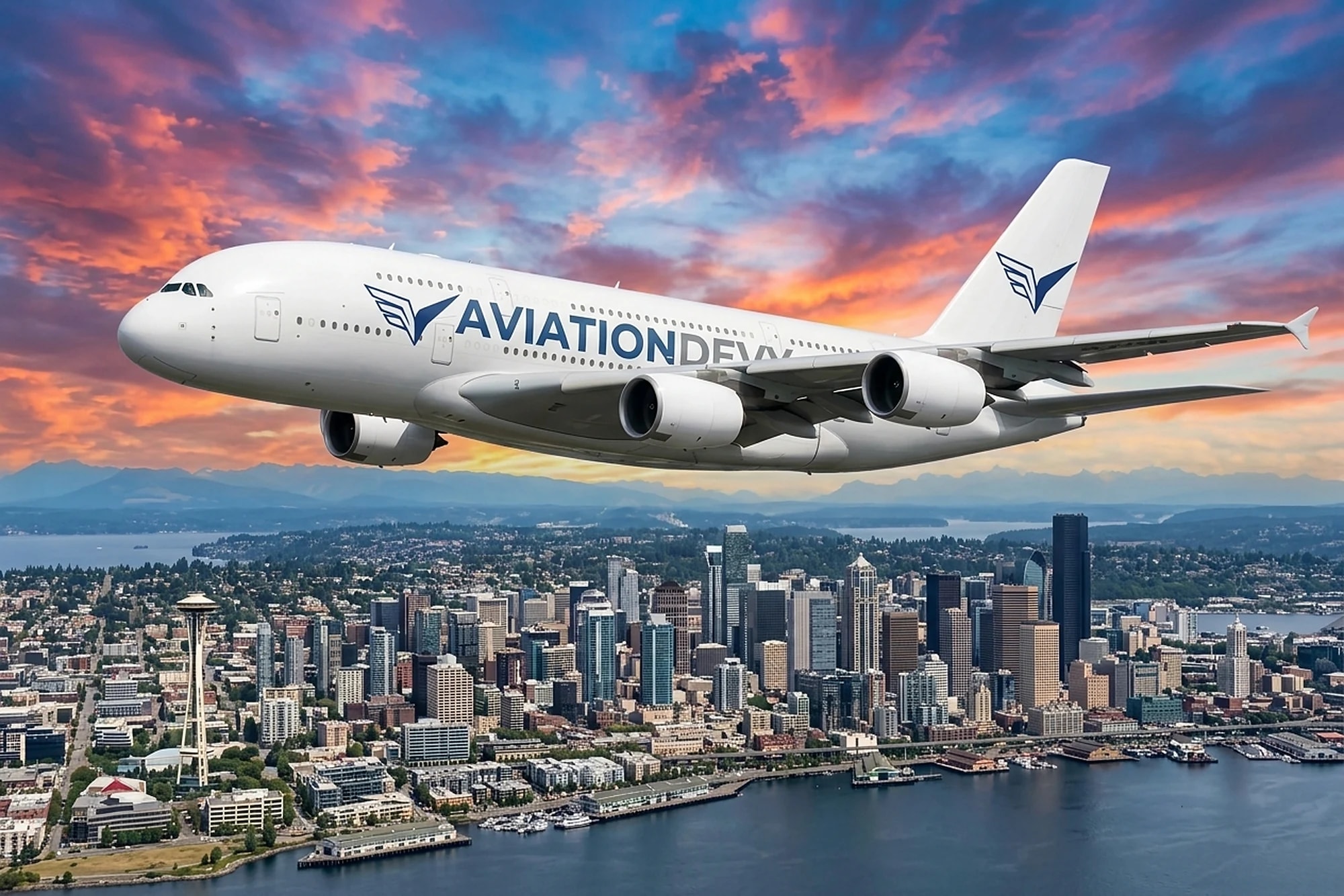 An AviationDevy A380 banking over the Seattle skyline and Space Needle under a vivid orange and blue sunset sky