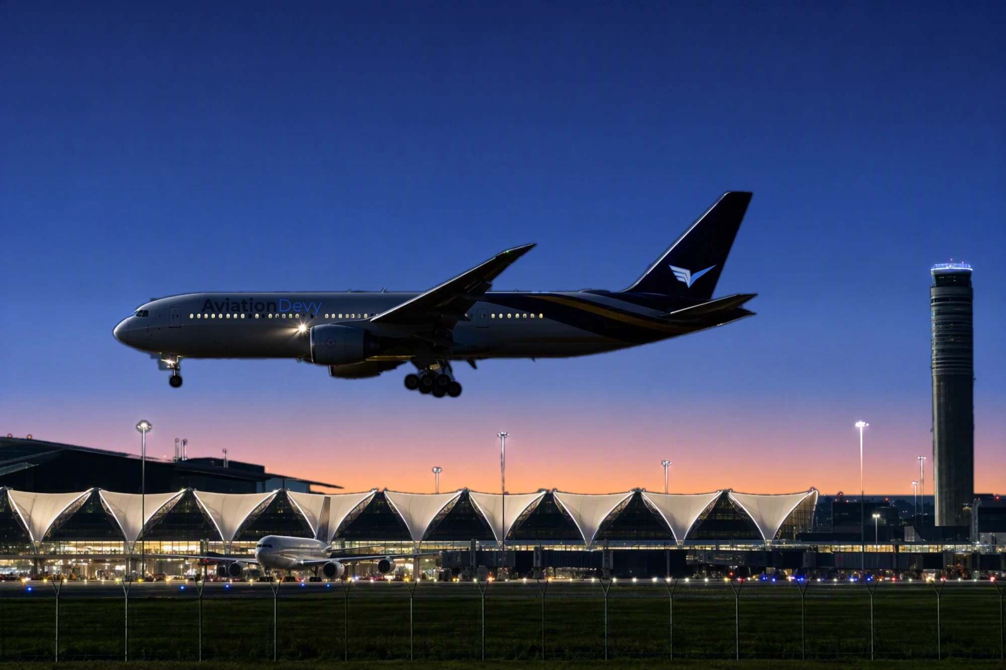 An AviationDevy twin-engine airliner on final approach at dusk, gear down, over a lit terminal and control tower against a blue-hour sky