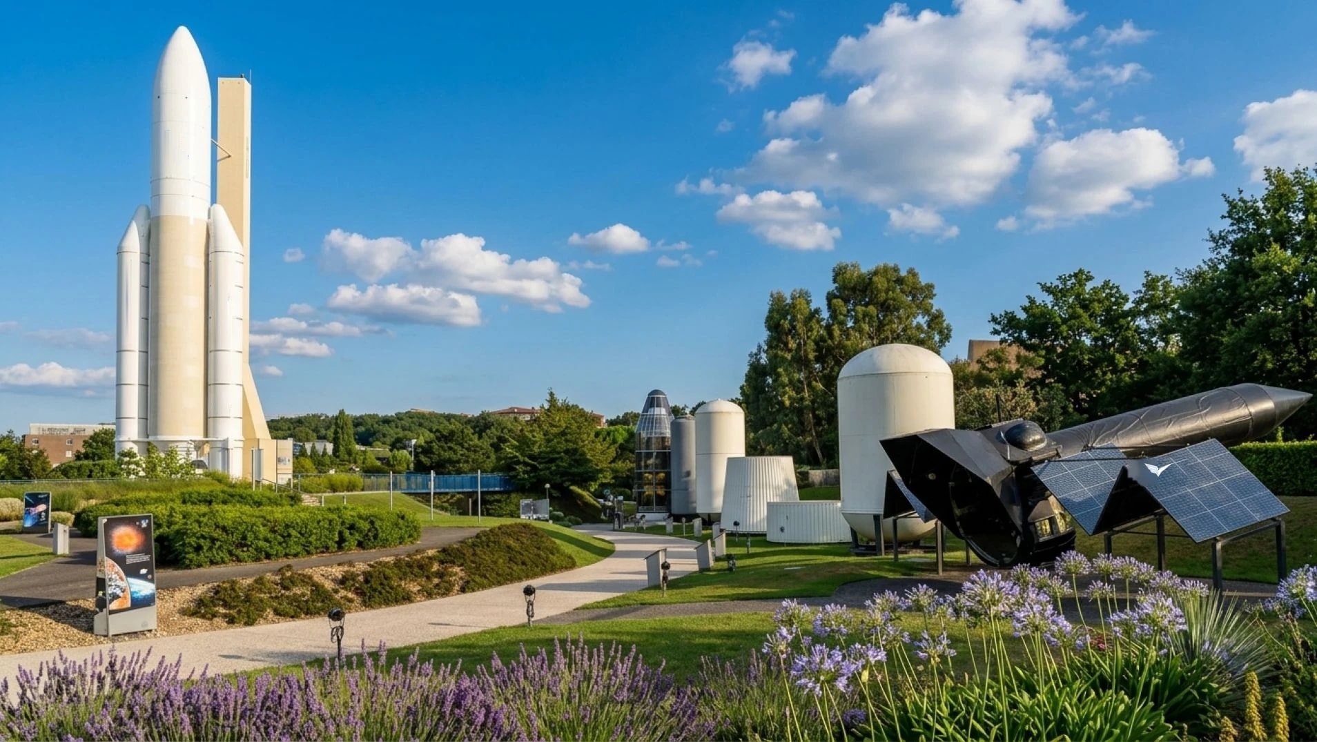 An Ariane 5 replica, rocket stage exhibits and a satellite model in a garden