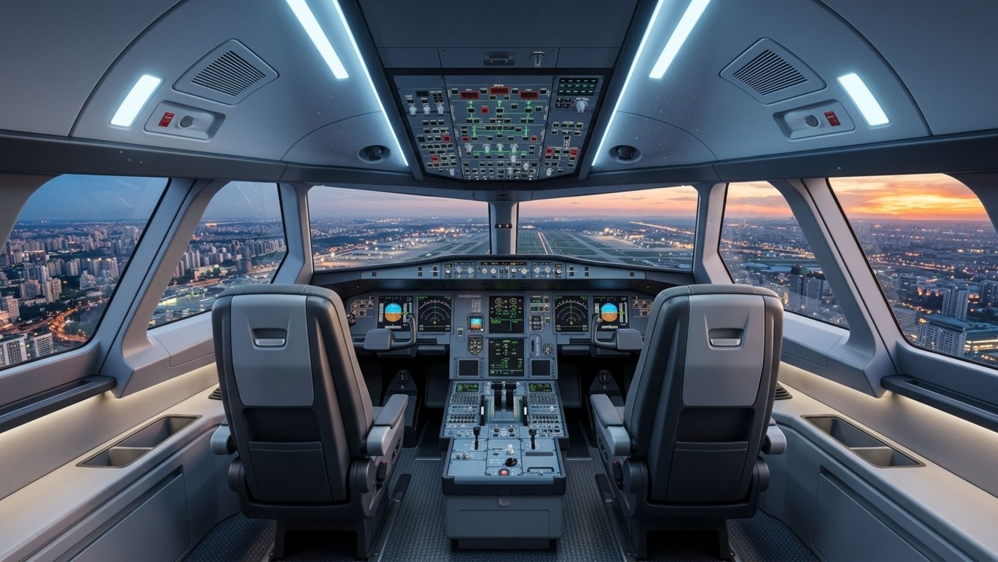 An airliner flight deck at dusk, the two pilot seats facing the instrument panel and a lit runway through the windscreen