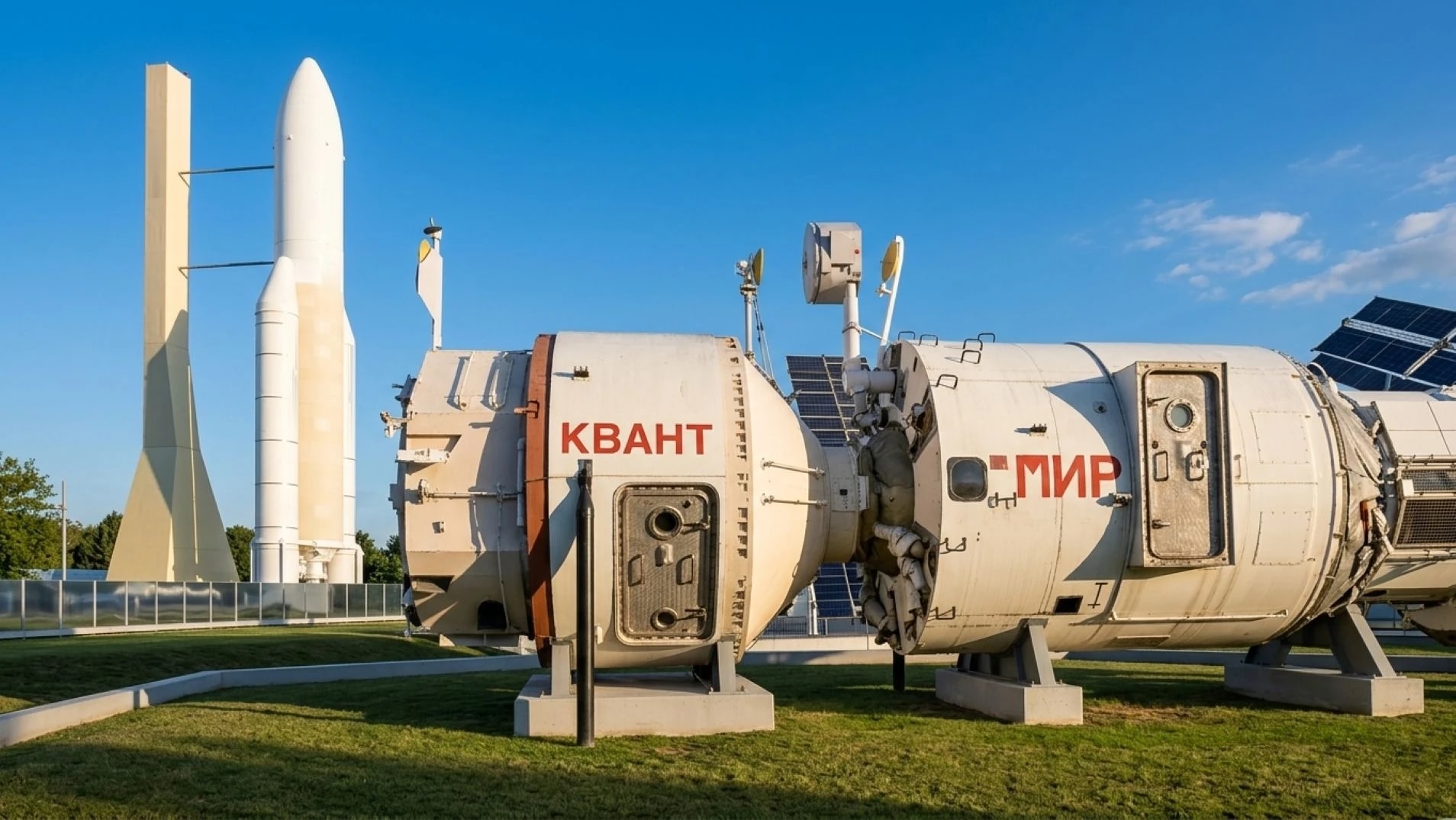 The Mir space station's Kvant module exhibit with an Ariane 5 replica behind it