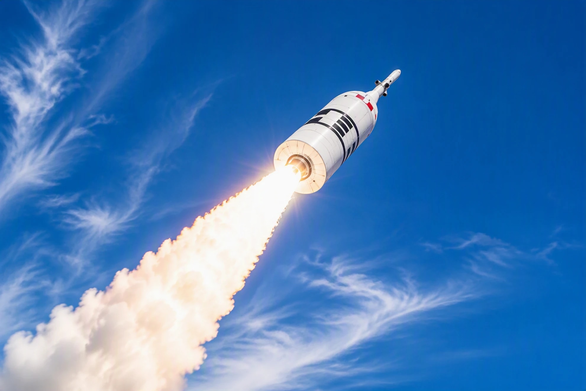 A launch vehicle climbing through a deep blue sky on a bright exhaust plume
