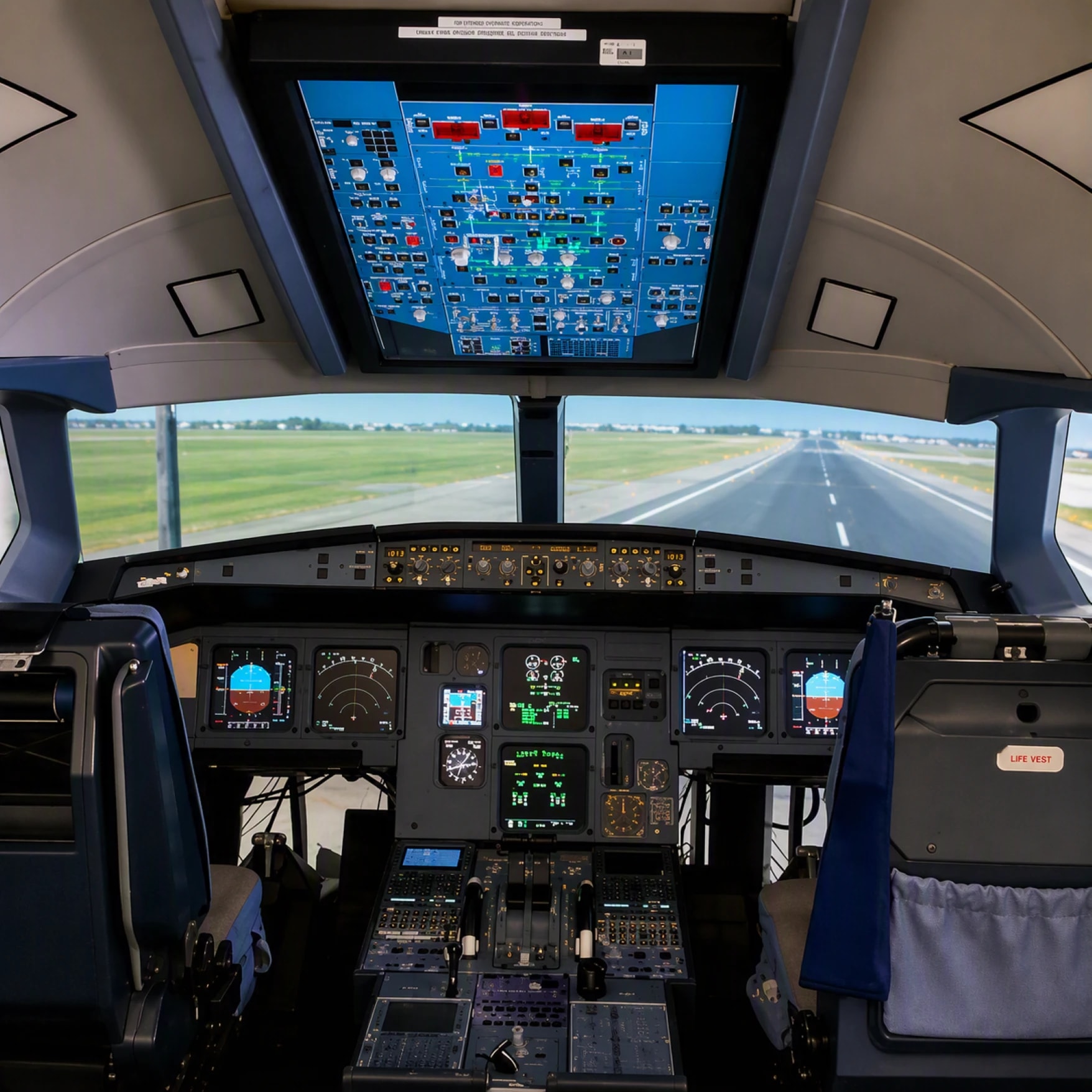 An A320-family training simulator flight deck at ENAC in Toulouse, with lit displays, a touchscreen overhead panel and a runway on the visual