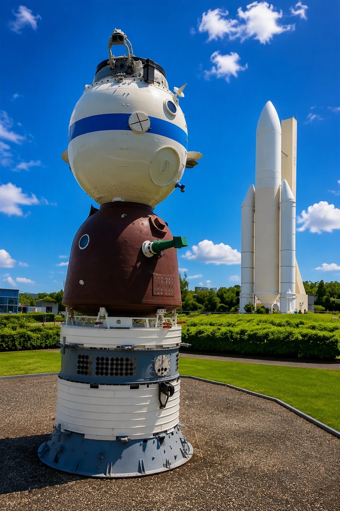 A Soyuz spacecraft exhibit under a blue sky with an Ariane 5 replica standing in the distance