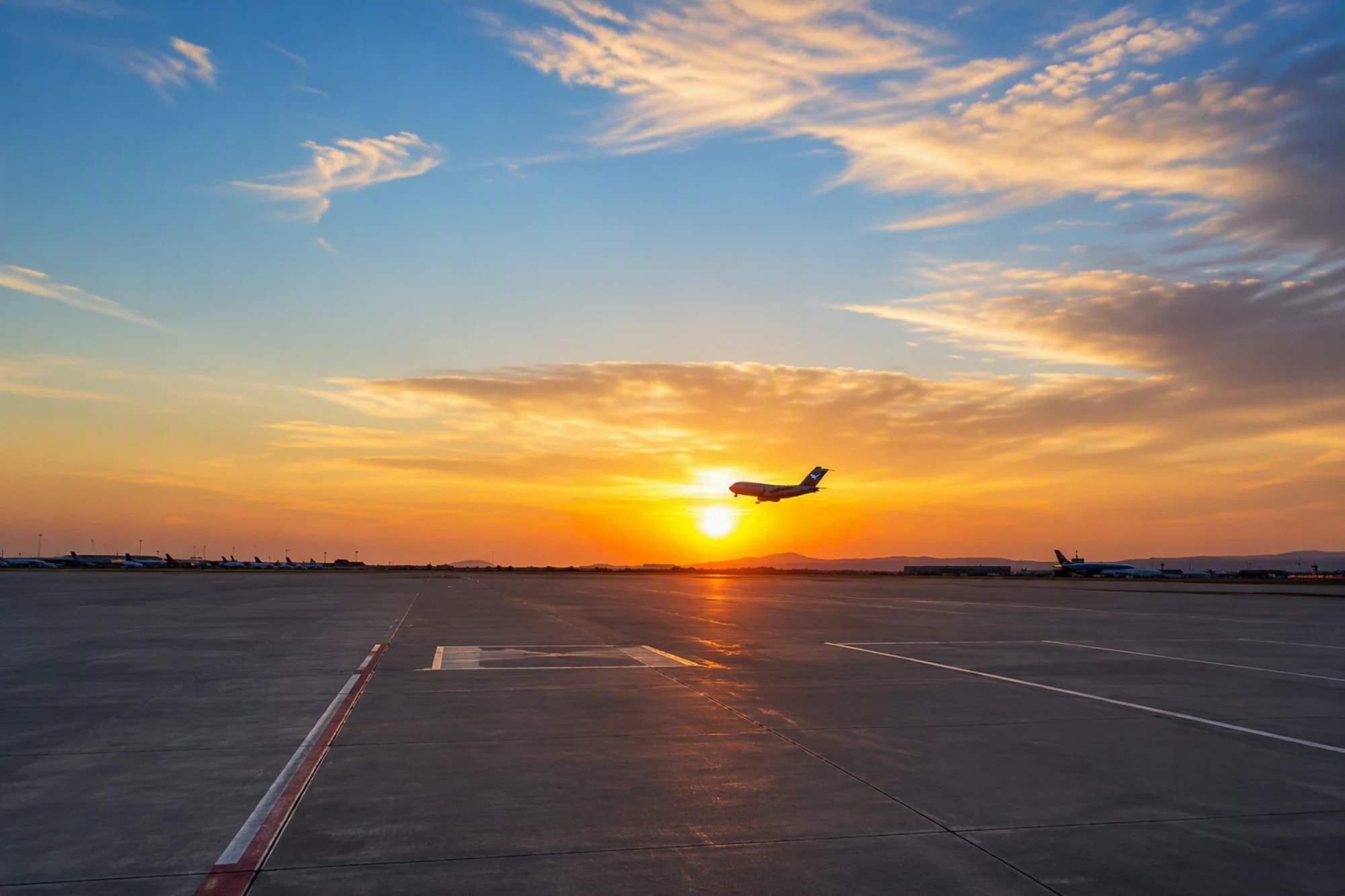 A four-engine airliner climbing out in silhouette against the setting sun over an empty ramp