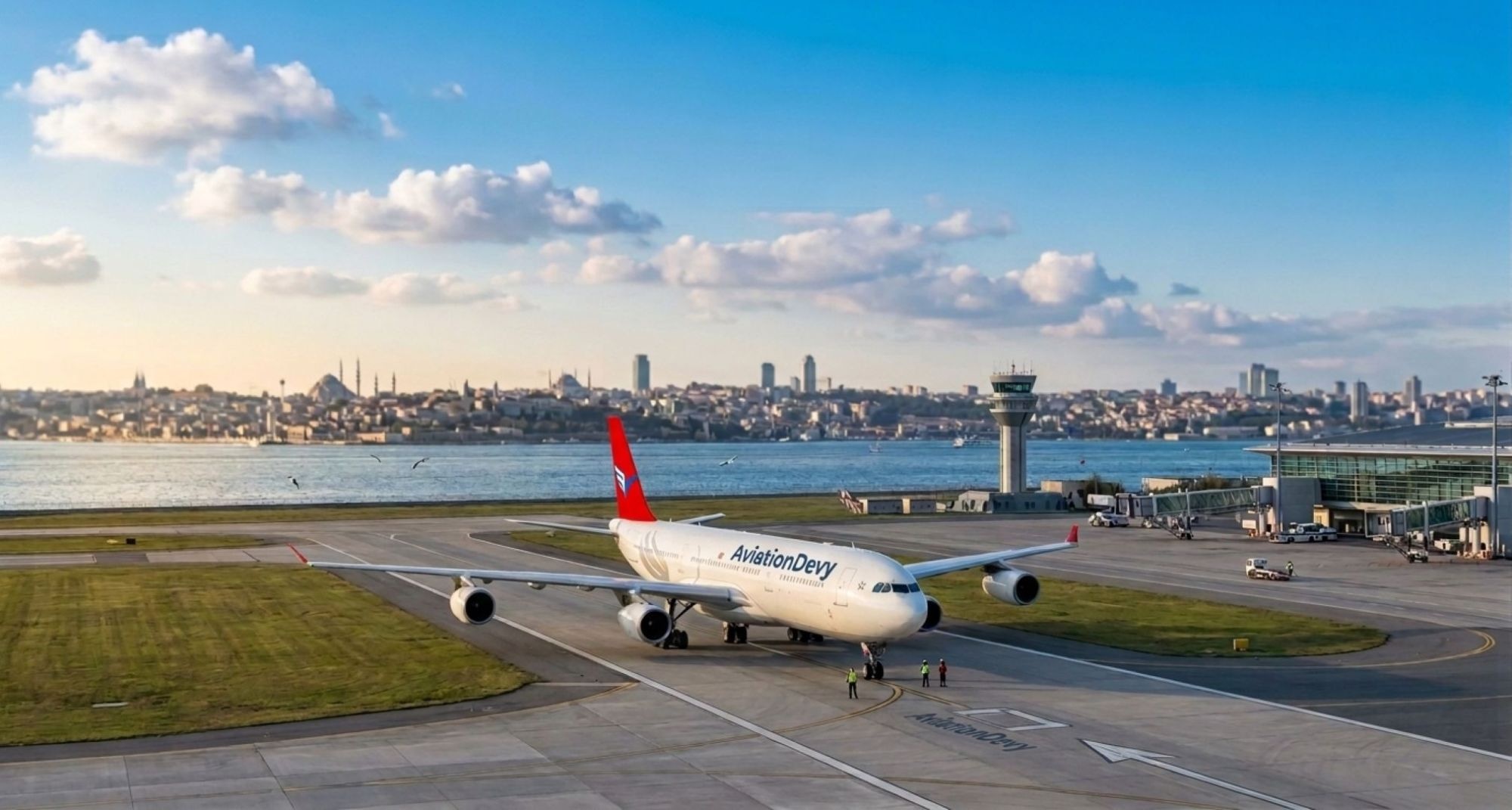An AviationDevy-liveried A340 taxiing on the apron, the Istanbul skyline across the water behind it