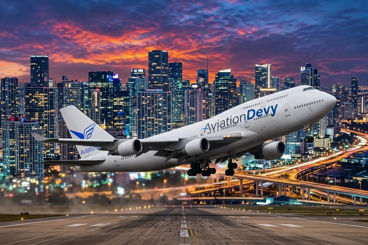 An AviationDevy 747 lifting off at dusk, gear still down, a lit city skyline and highway interchange behind it under a red and violet sky